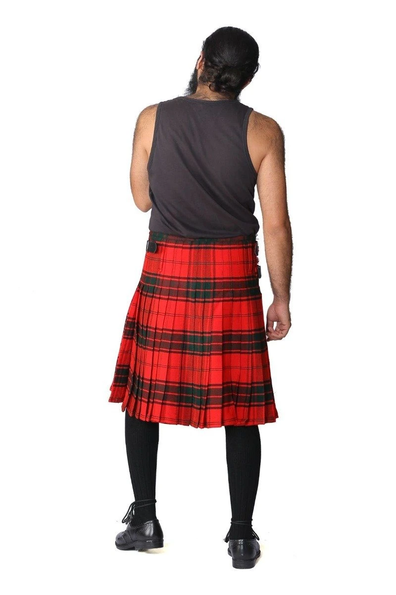 Back view of man in red and green Maxwell tartan kilt showing pleats