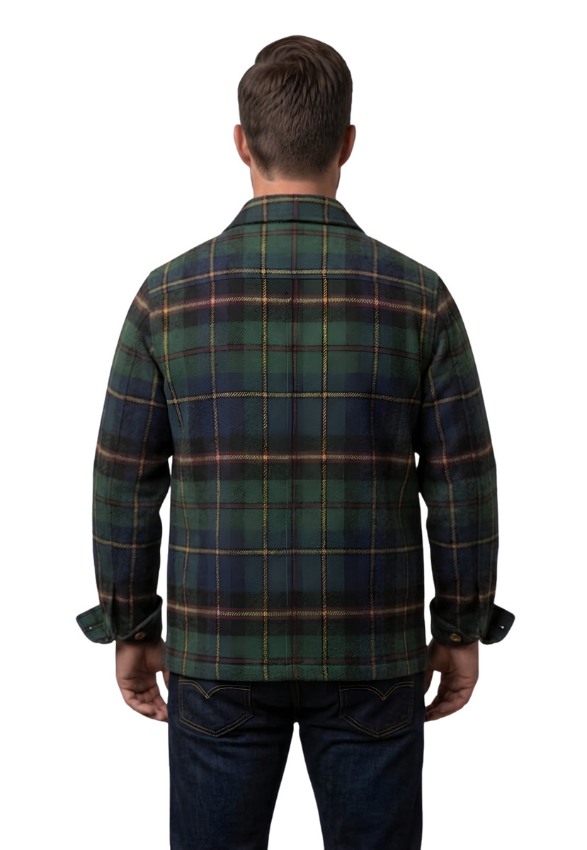 Back view of man in dark green and navy tartan crofter chore coat