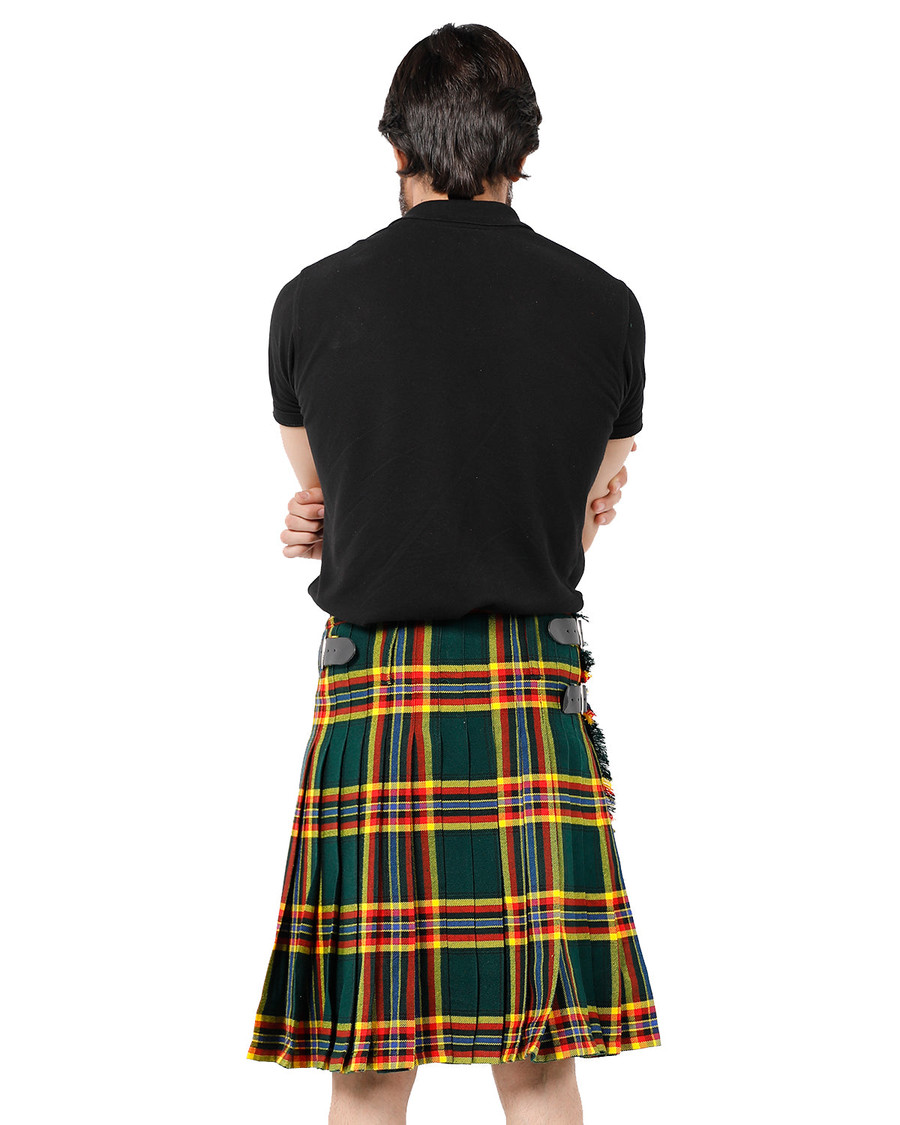 Man wearing a bespoke kilt in camel and black tartan, back view showing pleats