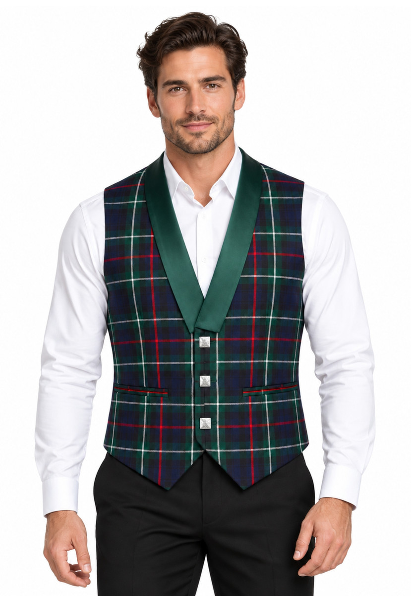 Man wearing a tartan vest in dark green and navy with green satin lapels, front view