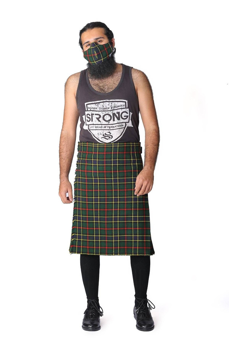 Man in Ogilvie Hunting green tartan kilt with matching face mask, front view
