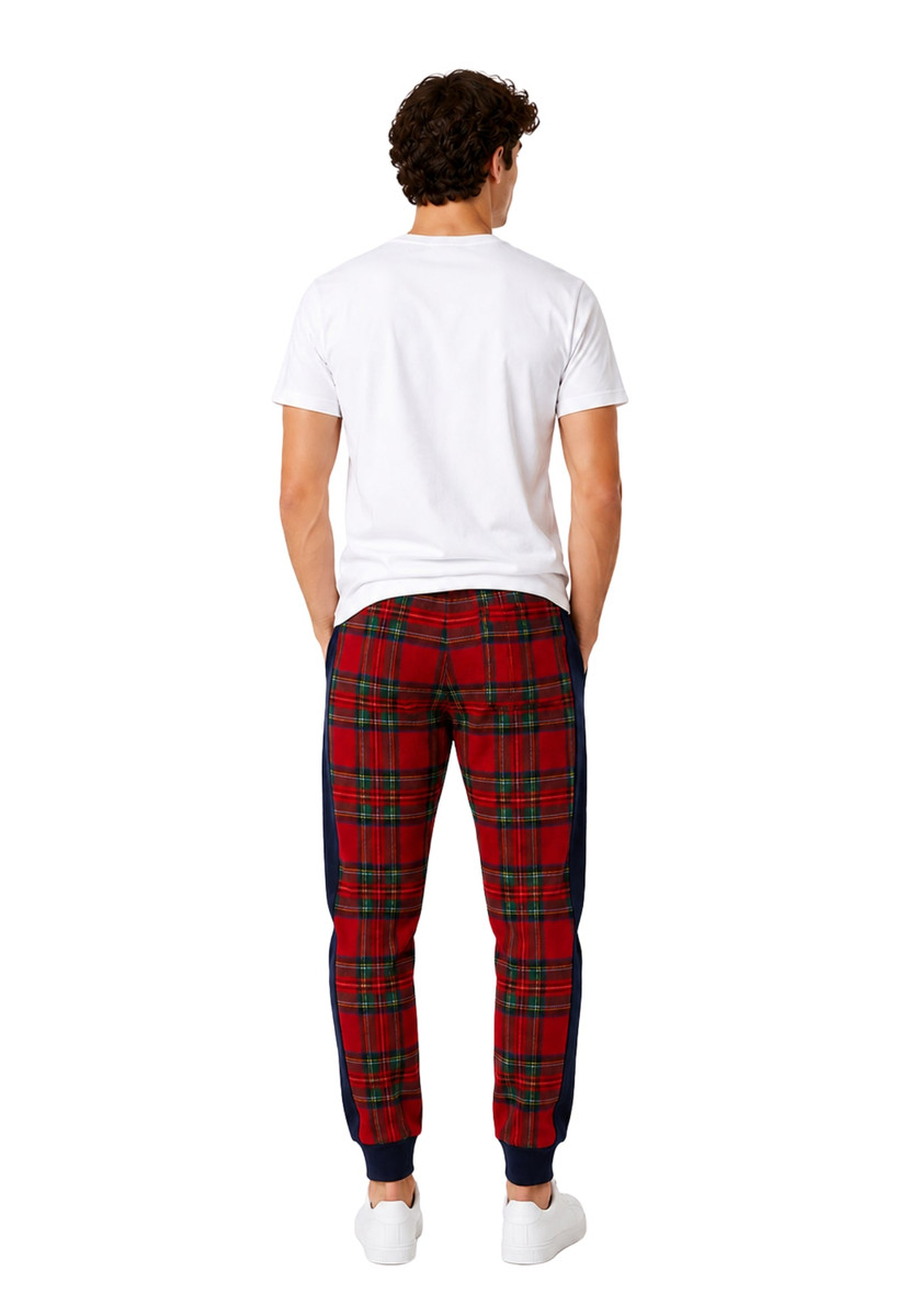 Back view of red plaid side-stripe joggers with navy side panels