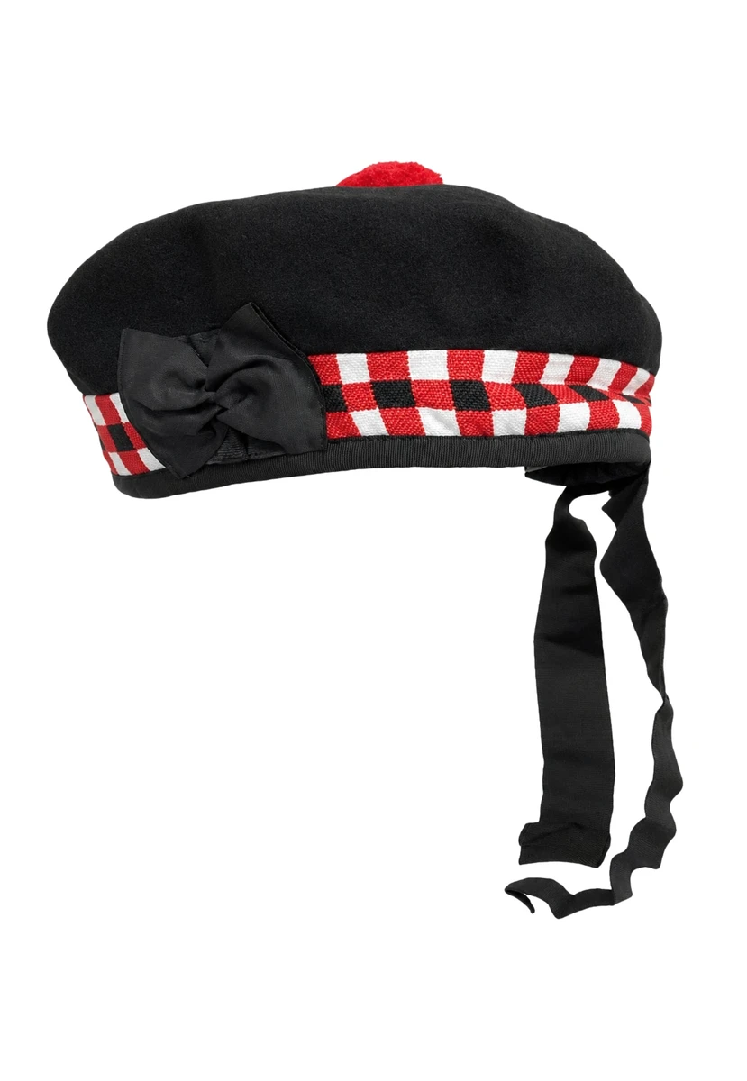 Black diced Balmoral bonnet with red and white check band and ribbon tails