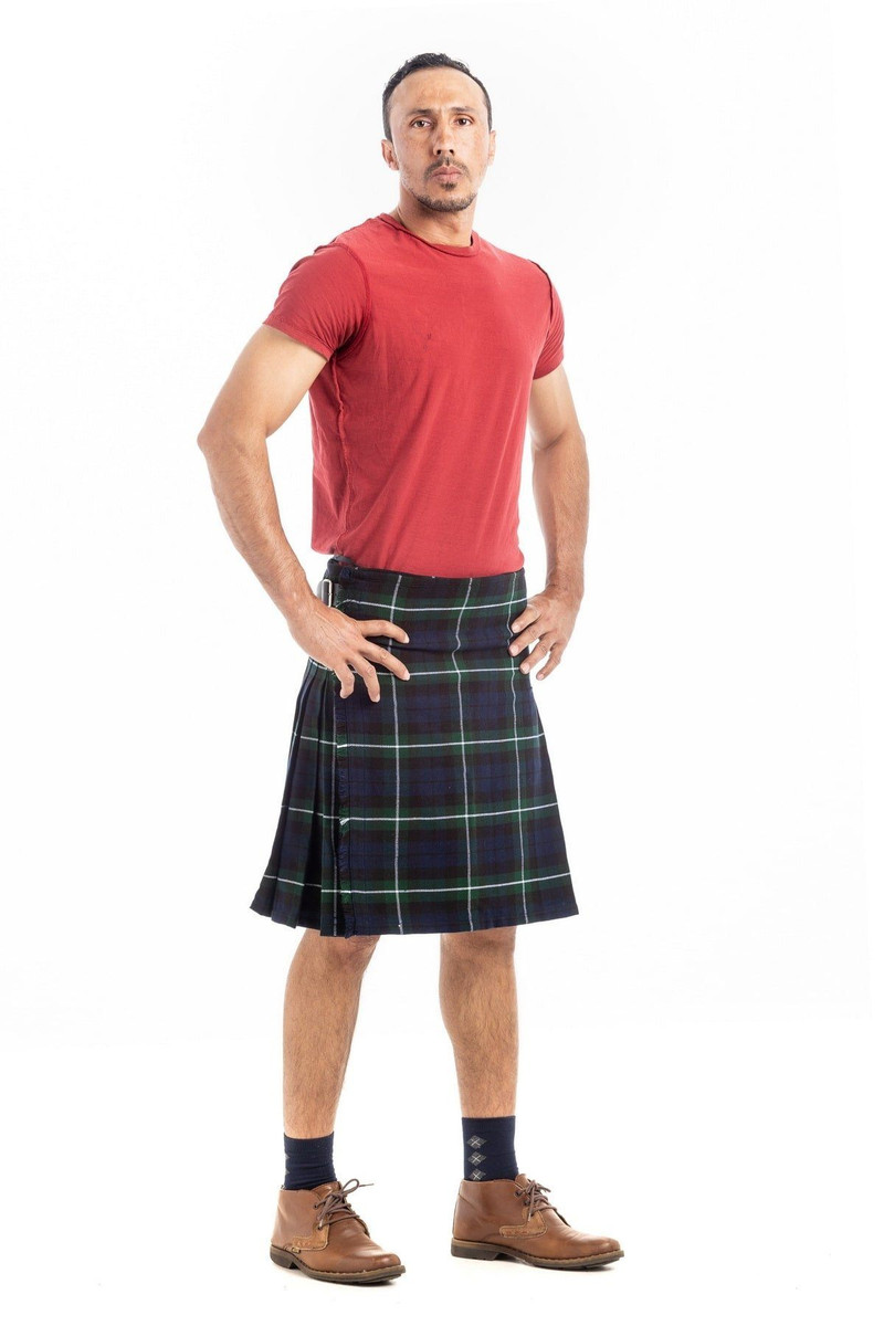 Regiment of Foot kilt in navy and green tartan, three-quarter front view