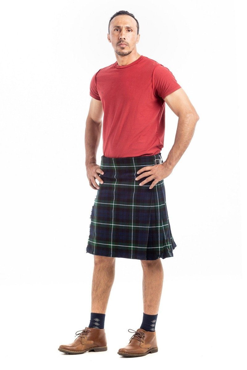 Regiment of Foot tartan kilt, angled side view with hands on hips
