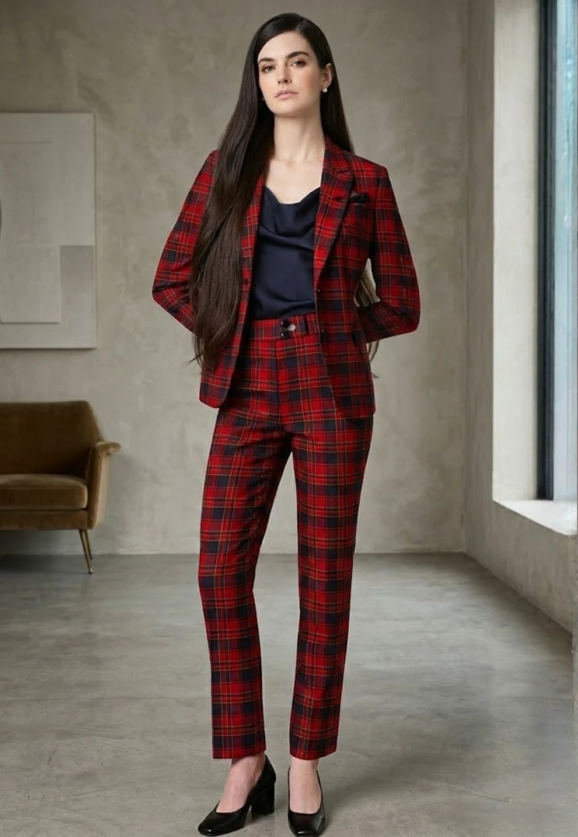 2-piece womens plaid suit in red and black tartan, blazer and trousers