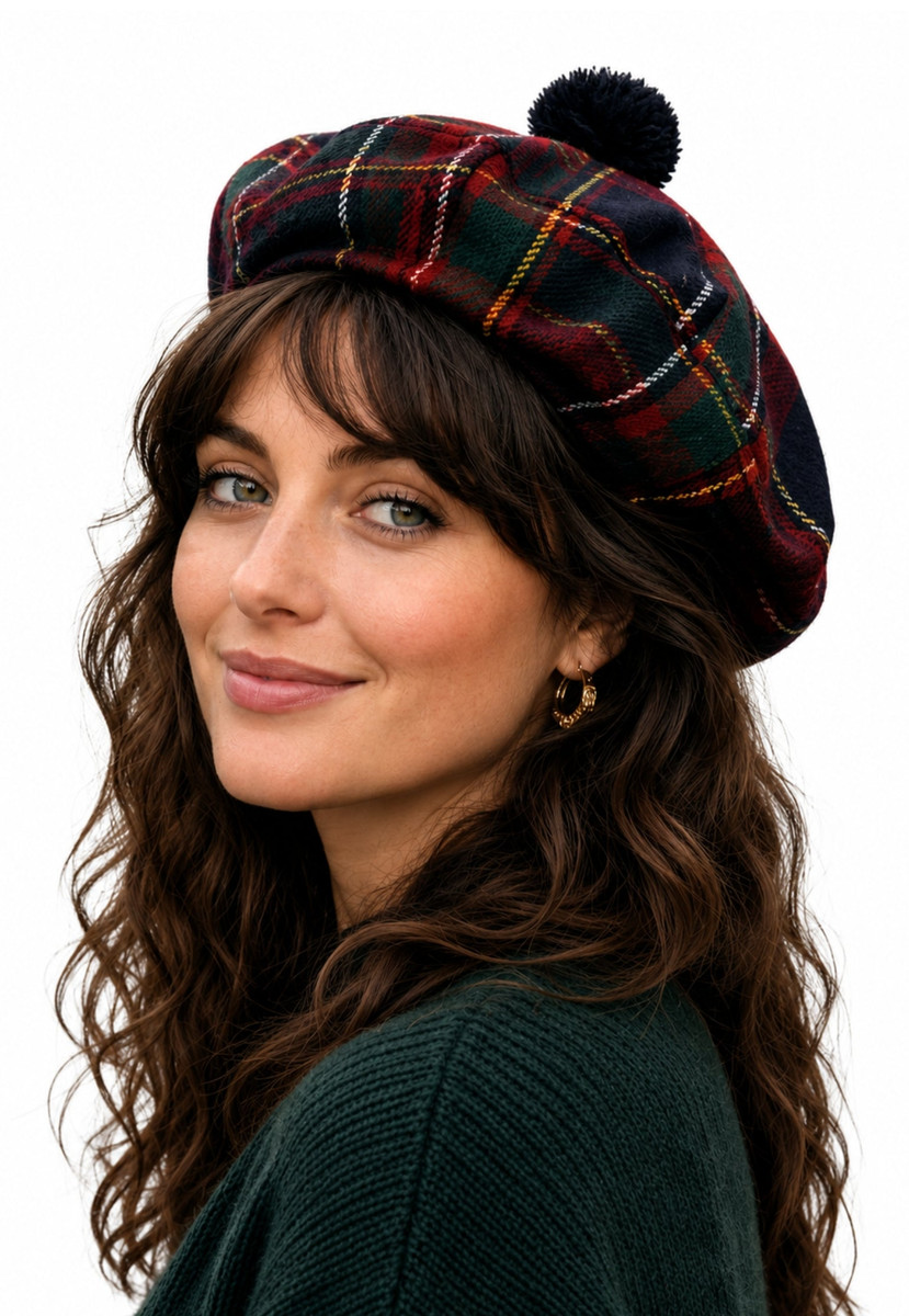 Woman wearing a tartan tam in dark green, red and navy with a pom-pom, front view