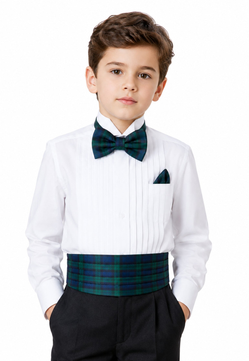 Close-up of a boy's tartan cummerbund in dark green and navy with bow tie