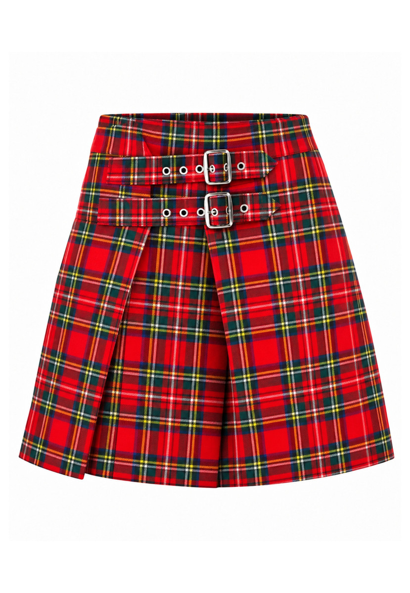 Royal Stewart Dual-Buckle Plaid Mini Skirt