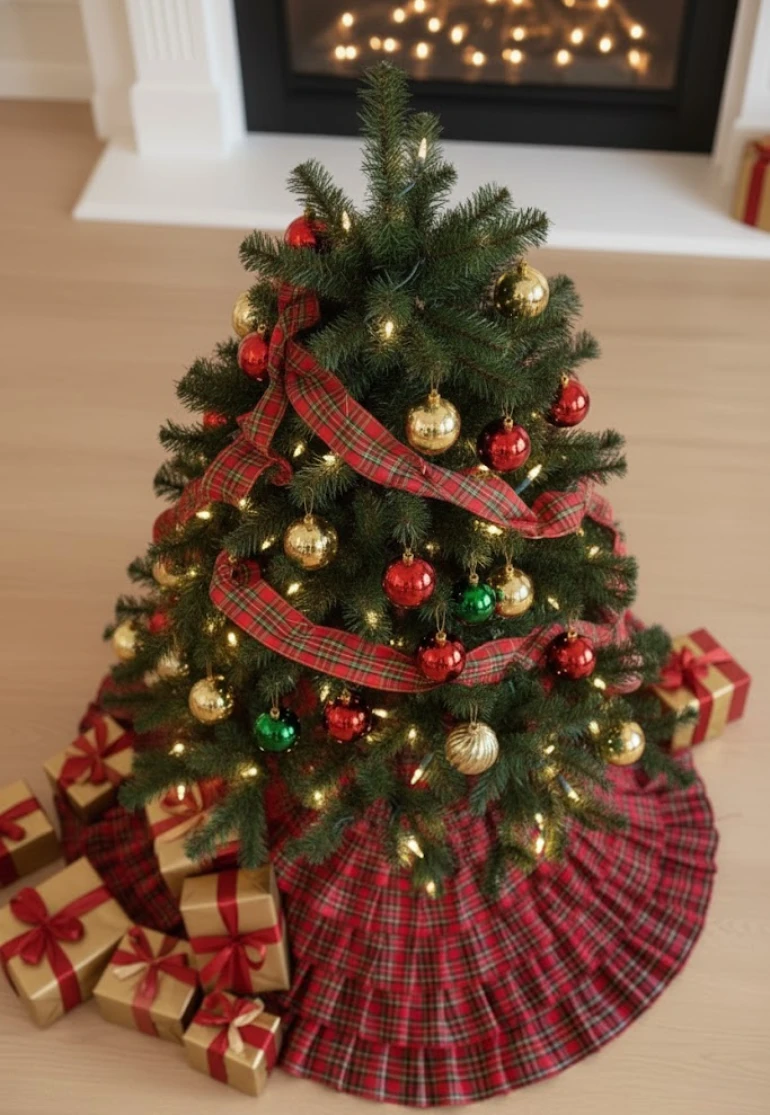 Red tartan ruffled Christmas tree skirt under a decorated tree