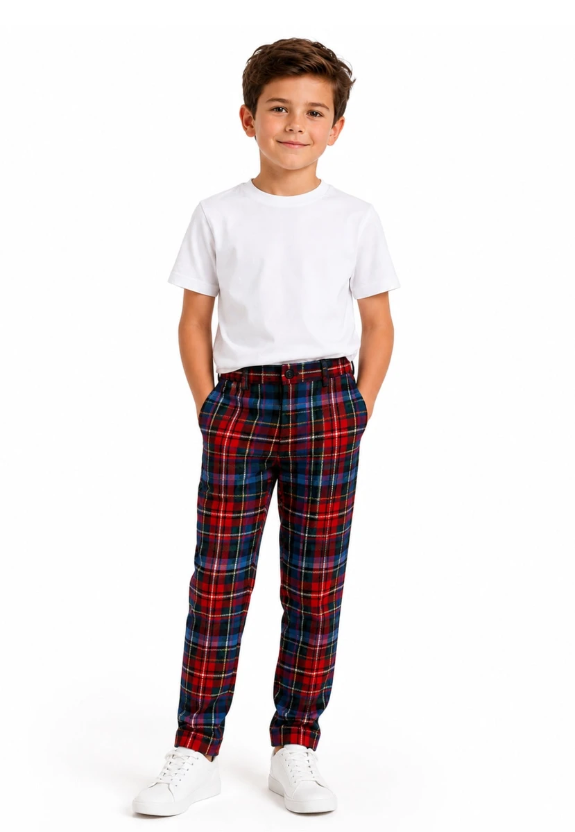 Boy's tartan trousers in red, navy and black plaid with white T-shirt, front view