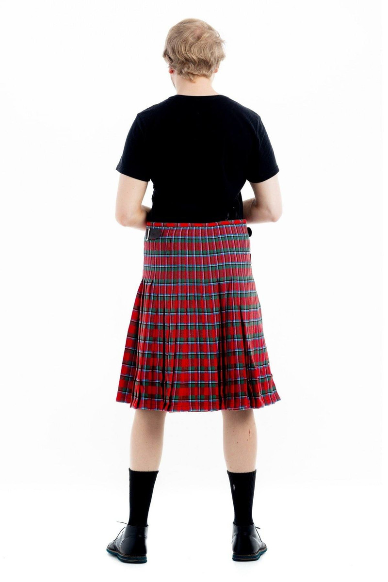 Sinclair kilt back view in red tartan with knife pleats