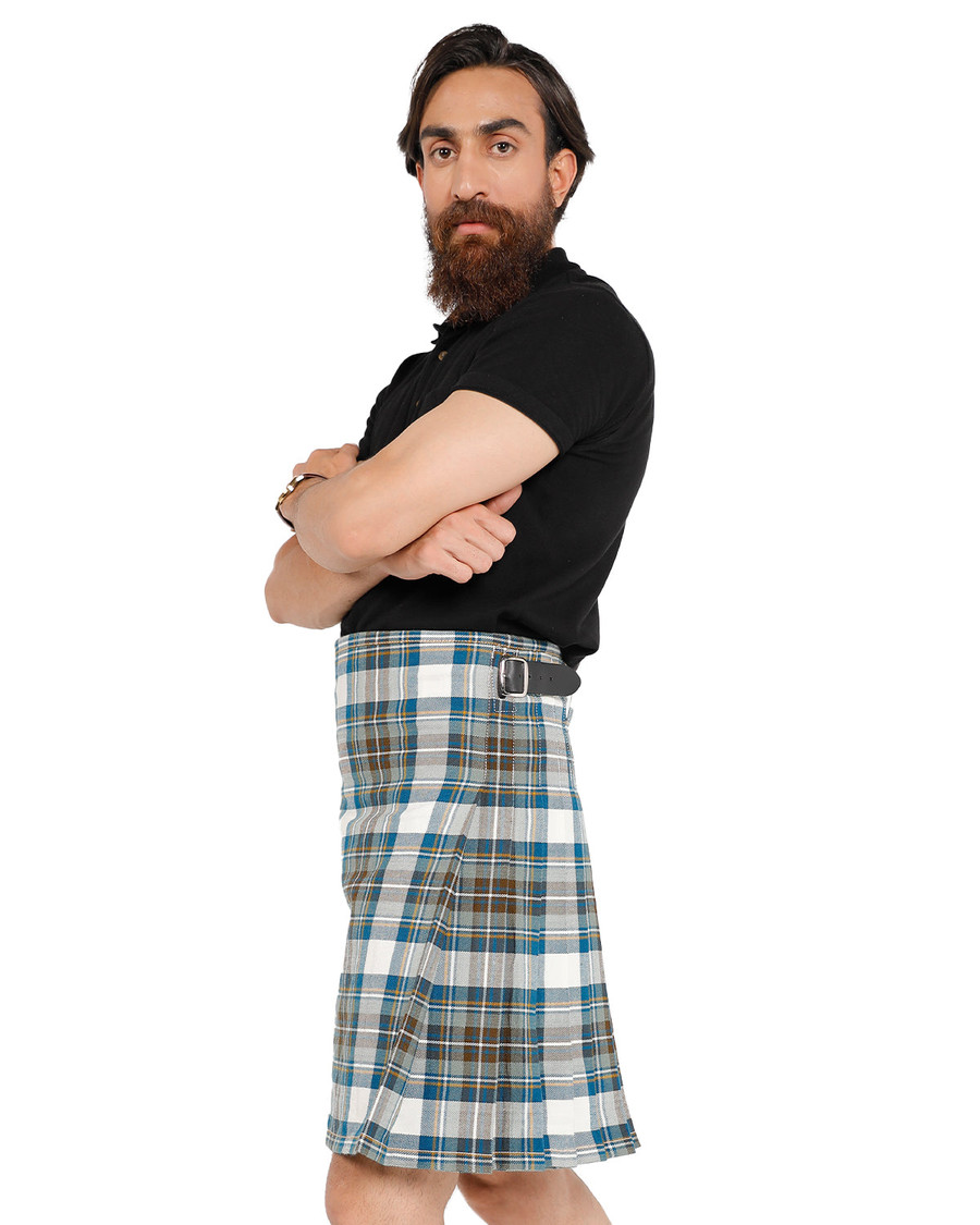 Stewart Dress Blue kilt side view in white, blue and grey tartan with buckle strap