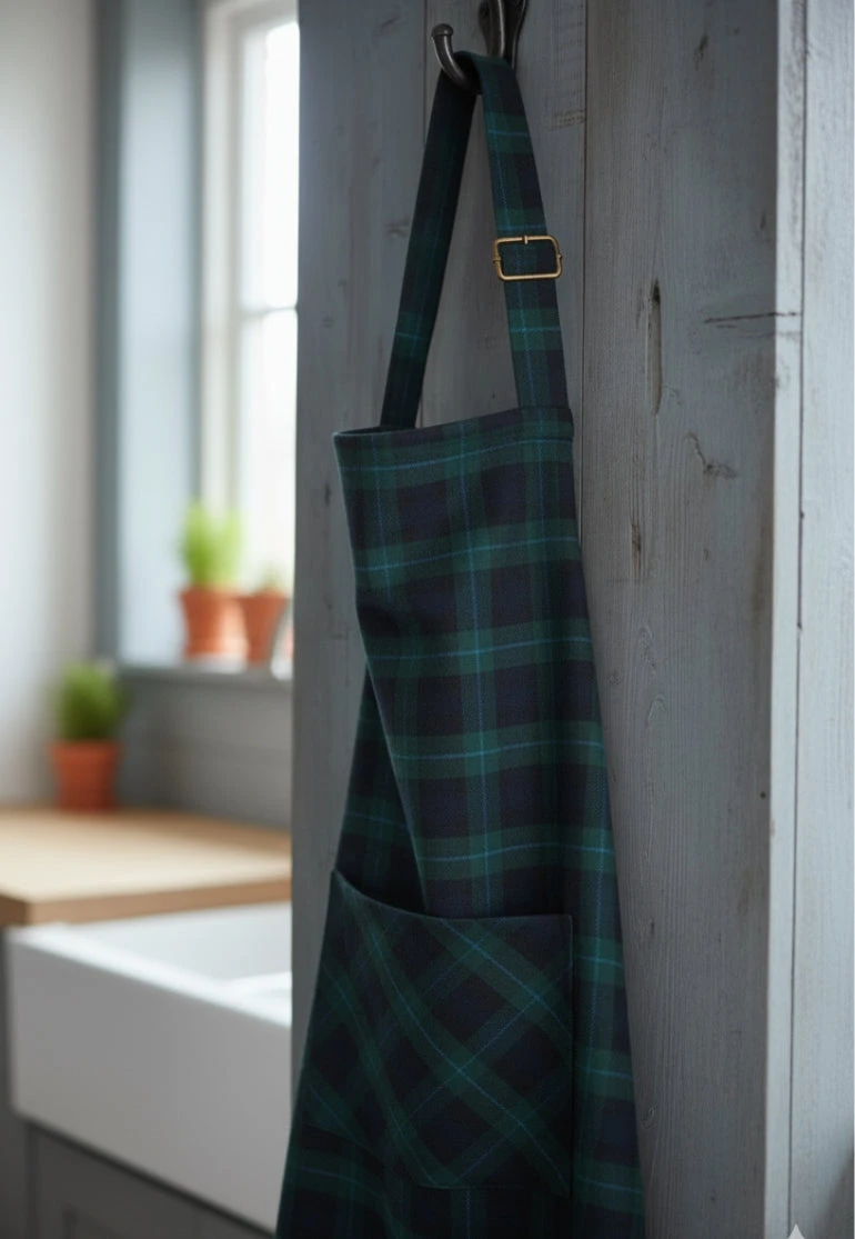 Dark green and navy tartan apron with large front pocket hanging by a window