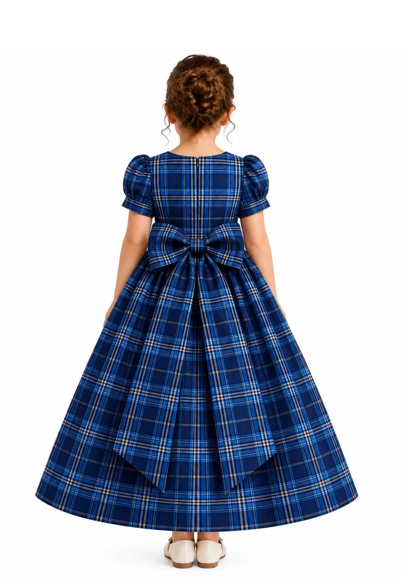 Back view of girl in blue tartan flower girl dress with large bow and full skirt