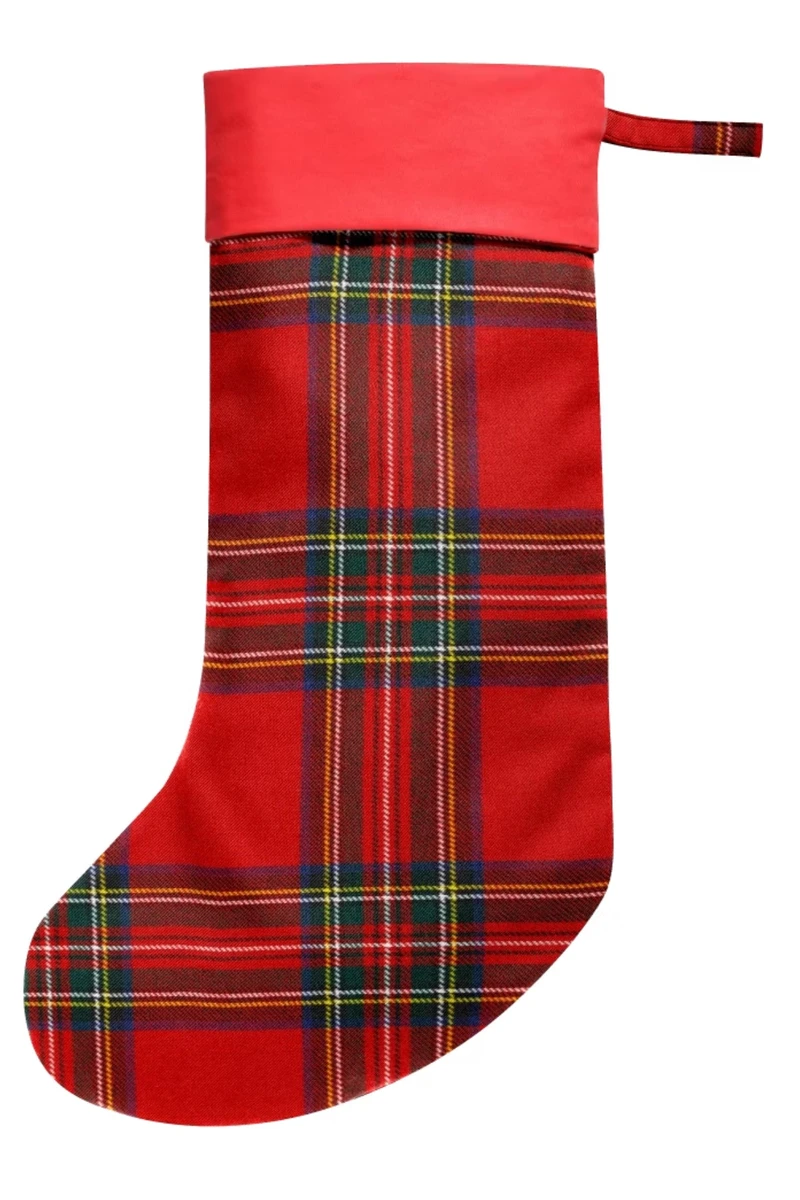 Red tartan Christmas stocking with plain red cuff and hanging loop