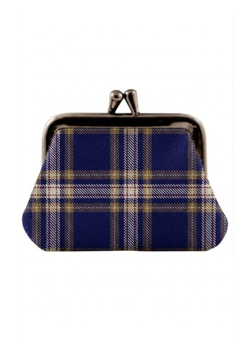 Coin purse in navy and cream tartan with metal kiss-lock clasp, front view