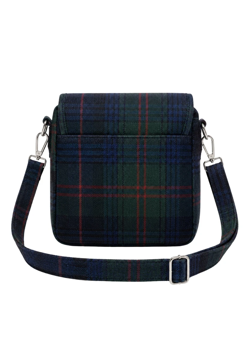 Mini messenger bag in navy and green tartan with adjustable strap, back view