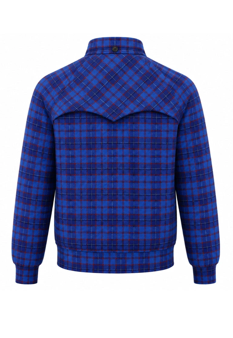 Back view of blue tartan quilted Harrington jacket with yoke detail