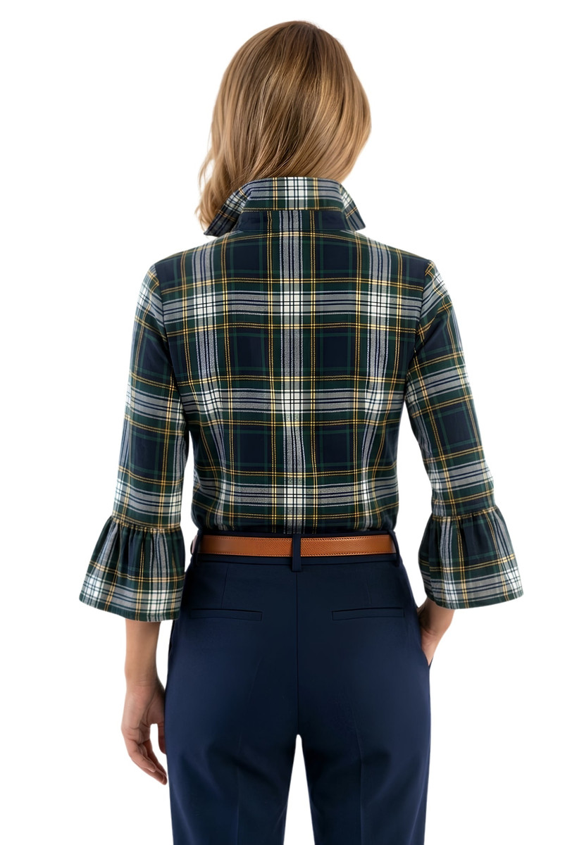 Back view of green and white tartan blouse with ruffled bell sleeves