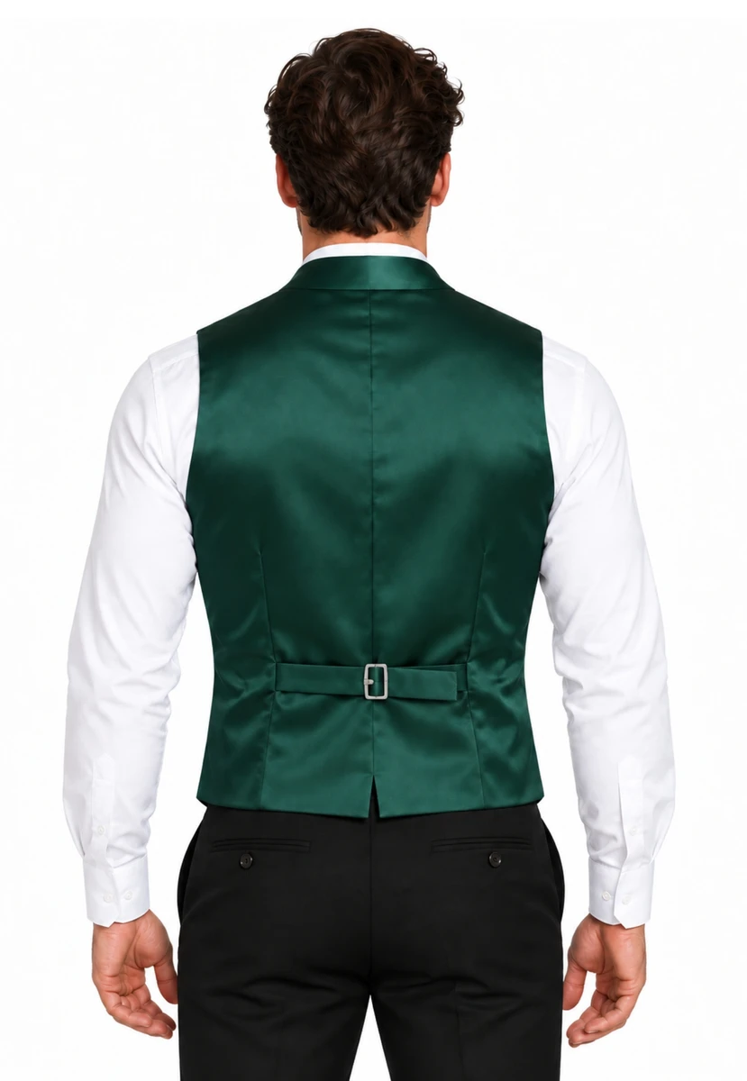 Back view of man in green satin-backed vest with buckle strap