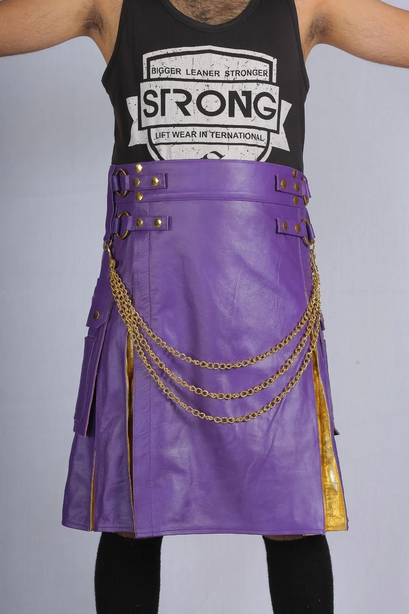 Close-up of purple leather hybrid kilt with chains, straps and gold pleats