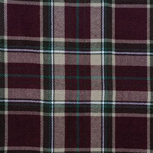 Close-up of bespoke kilt fabric in dark maroon tartan with beige and green lines
