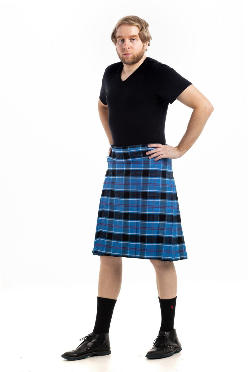 Blue, black and white tartan kilt, full-length front view with black socks