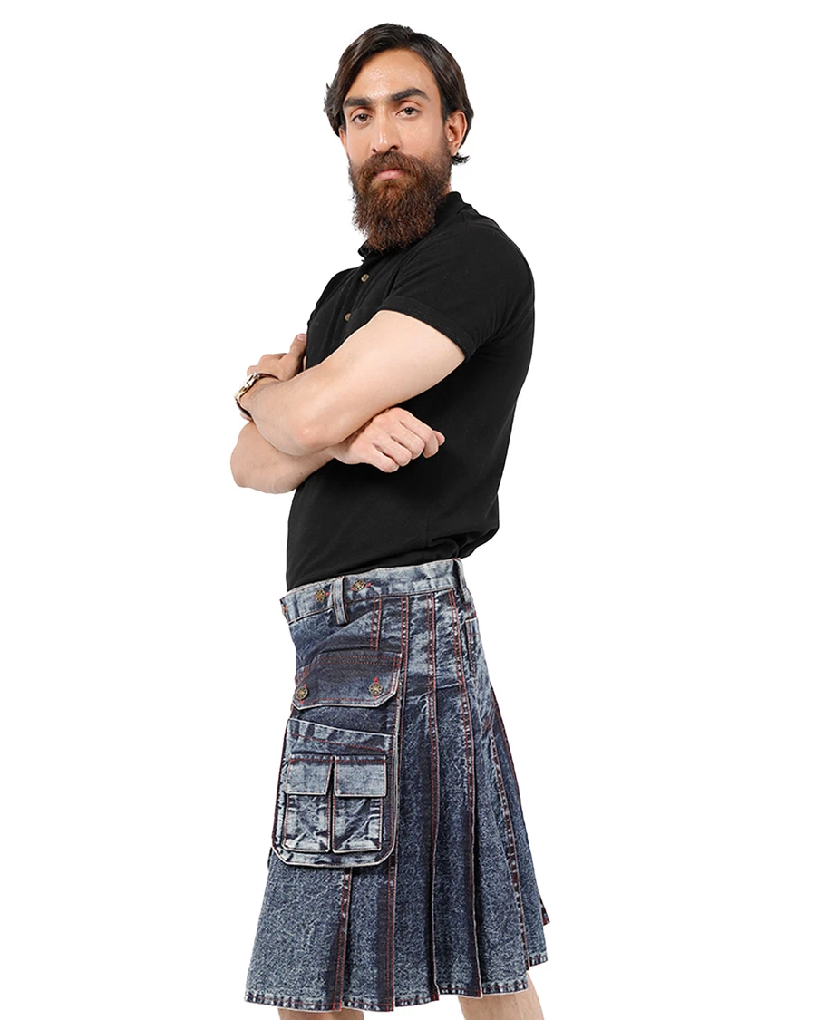 Side View of Voyager's Denim Kilt 
