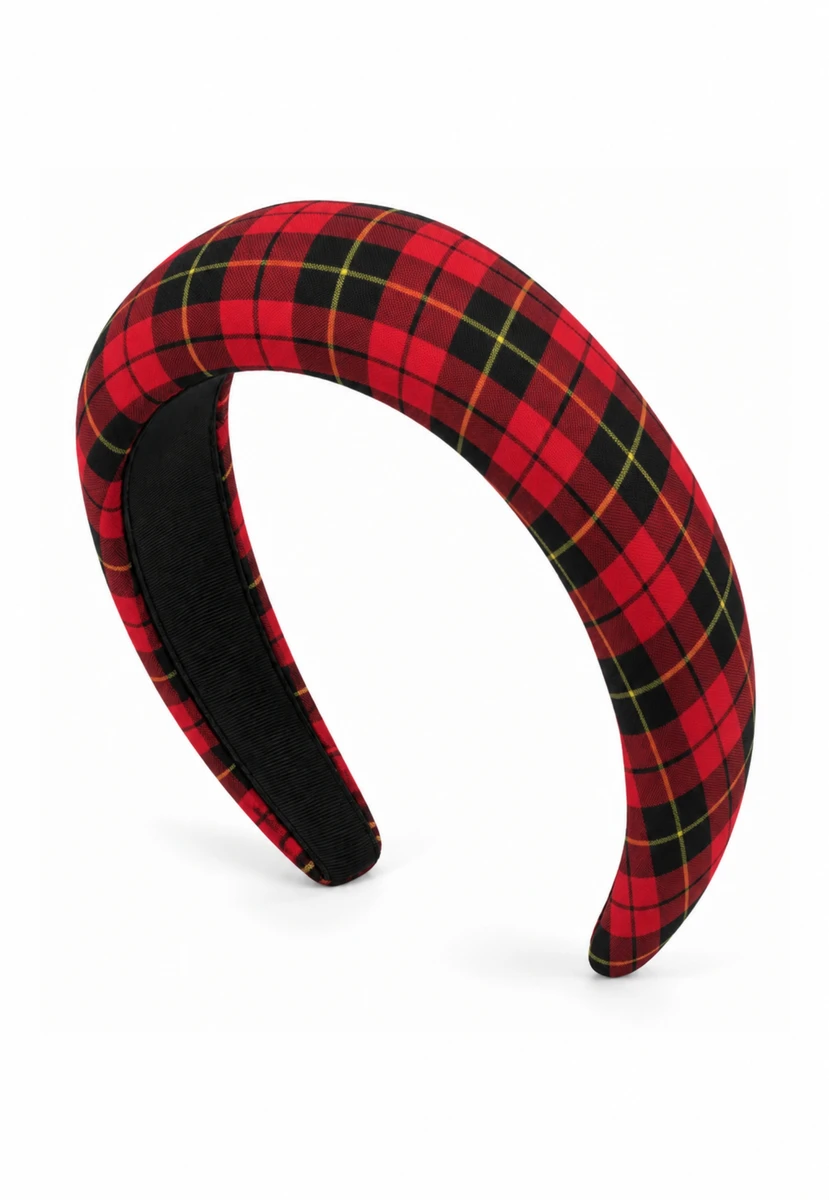 Tartan padded headband in red and black plaid with yellow lines