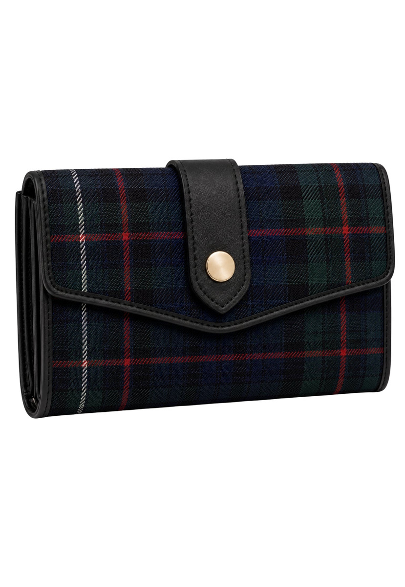 Tartan wallet in navy, green and red plaid with black strap and snap button, front