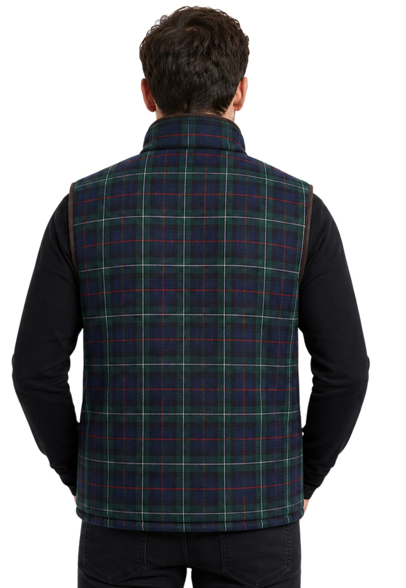 Men's tartan gilet in navy and green plaid with stand collar, back view