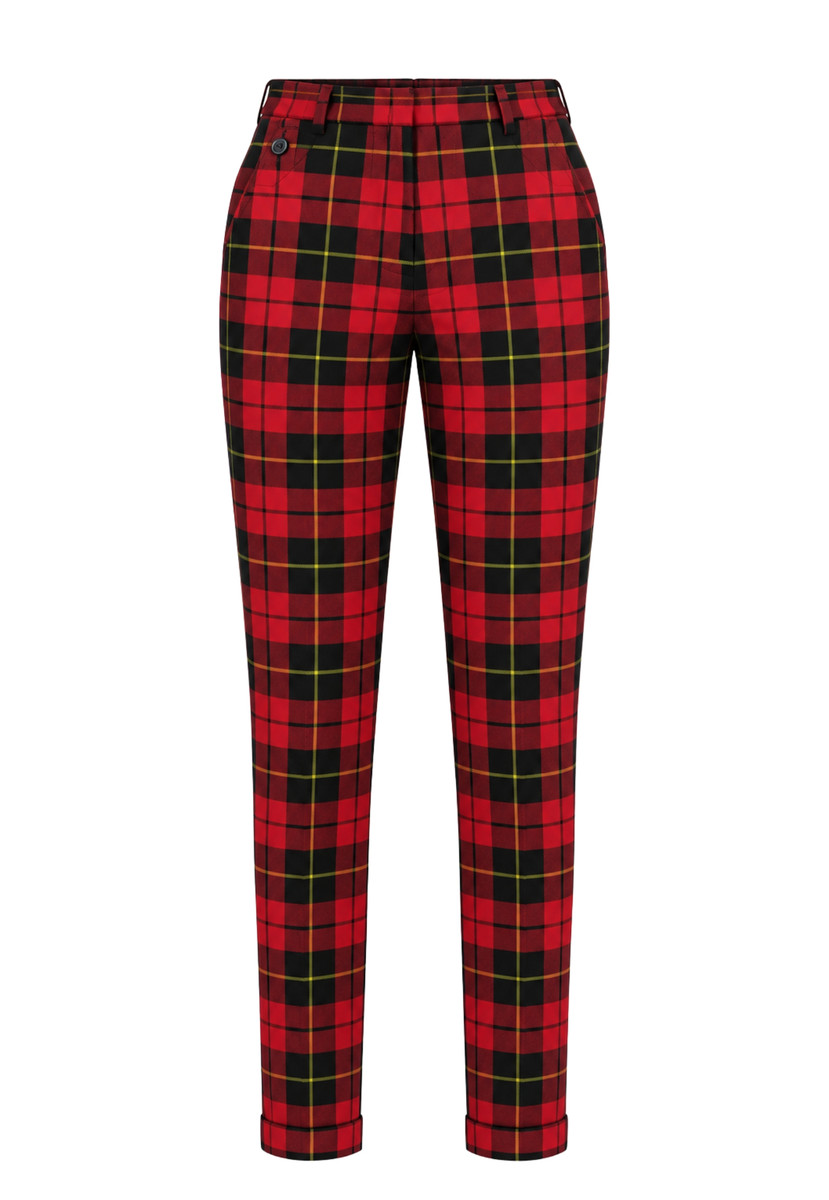 Boy's tartan trousers in red, black and yellow plaid, front view laid flat