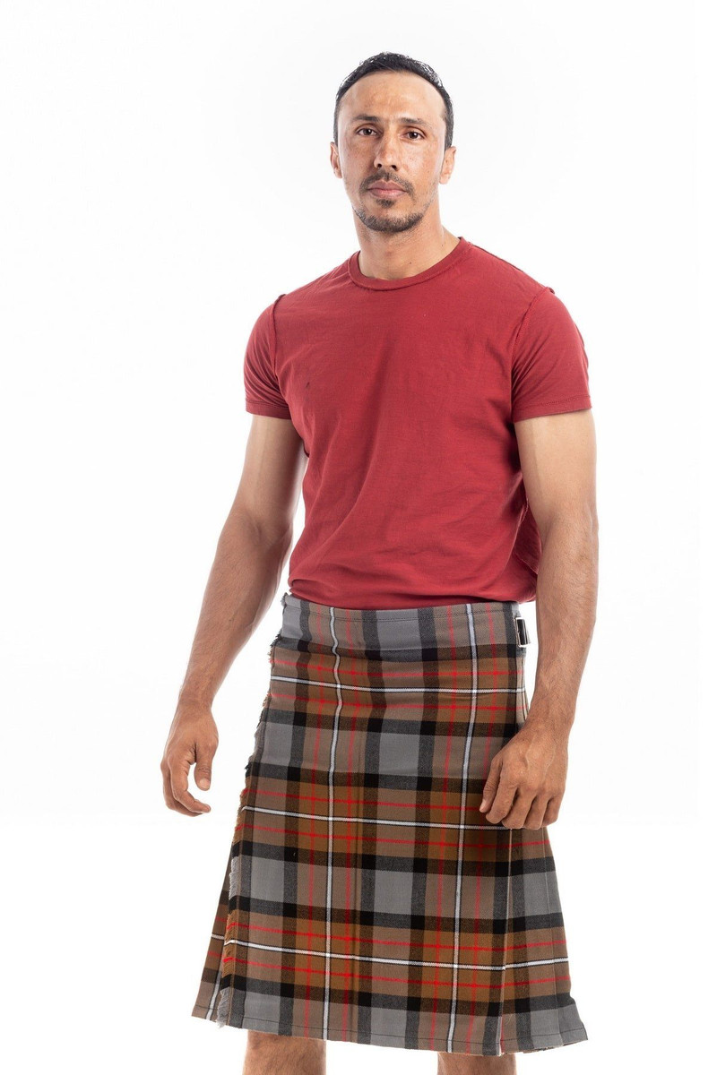 Ferguson Weathered kilt front view, man in red T-shirt
