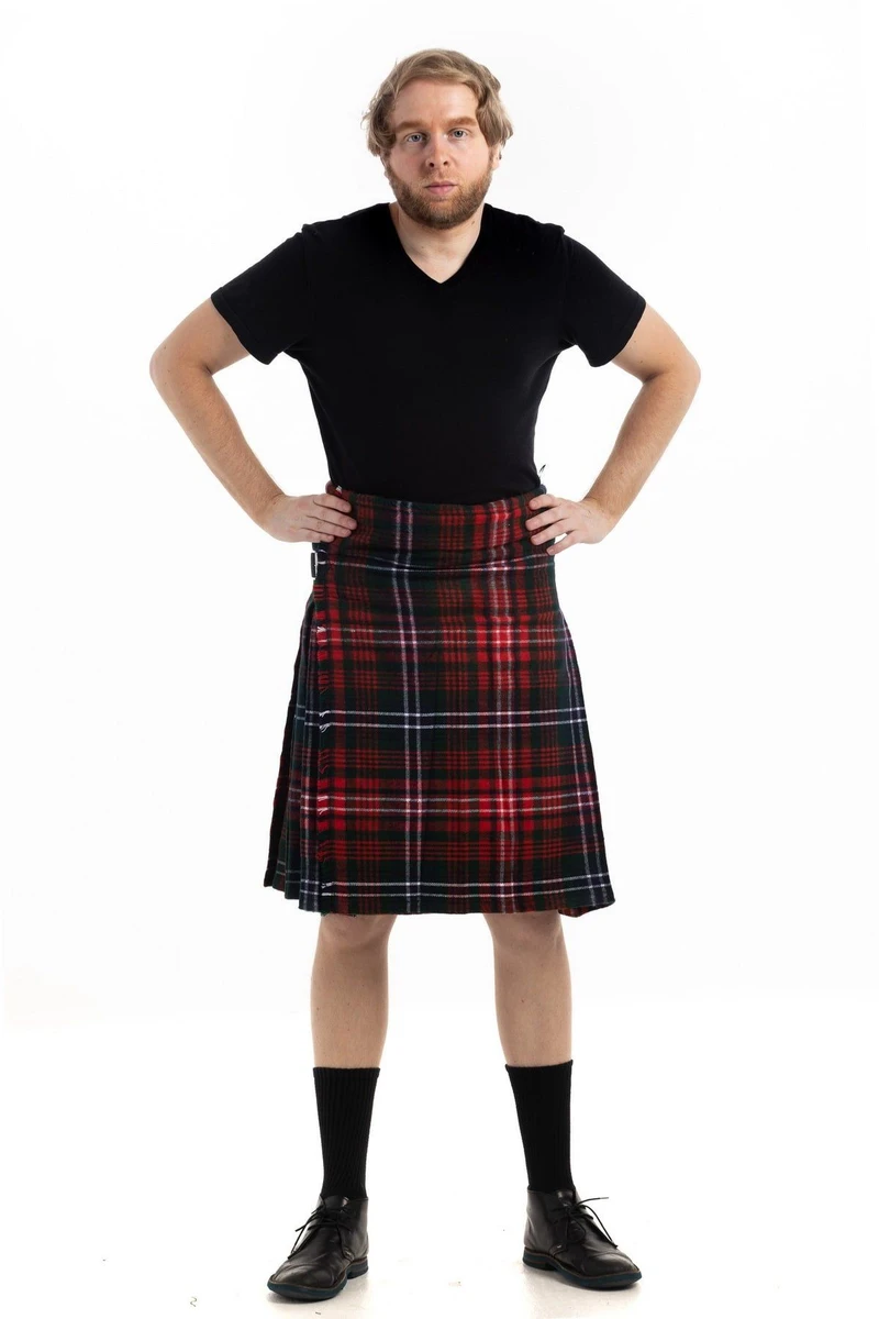 Wilson kilt front view in red and black tartan with white lines