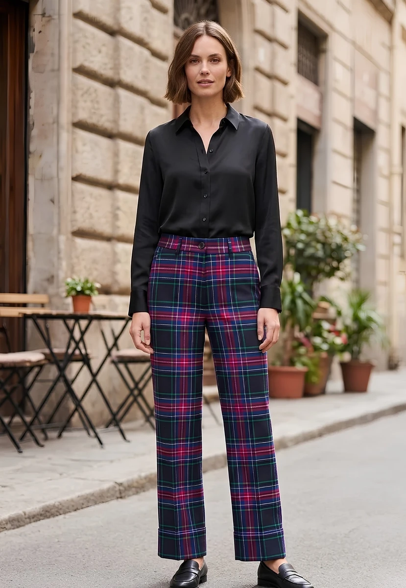 Ladies Wide Tartan Trouser with Turn Up