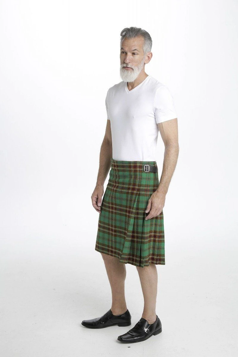 Green and brown tartan traditional kilt side view with buckle strap