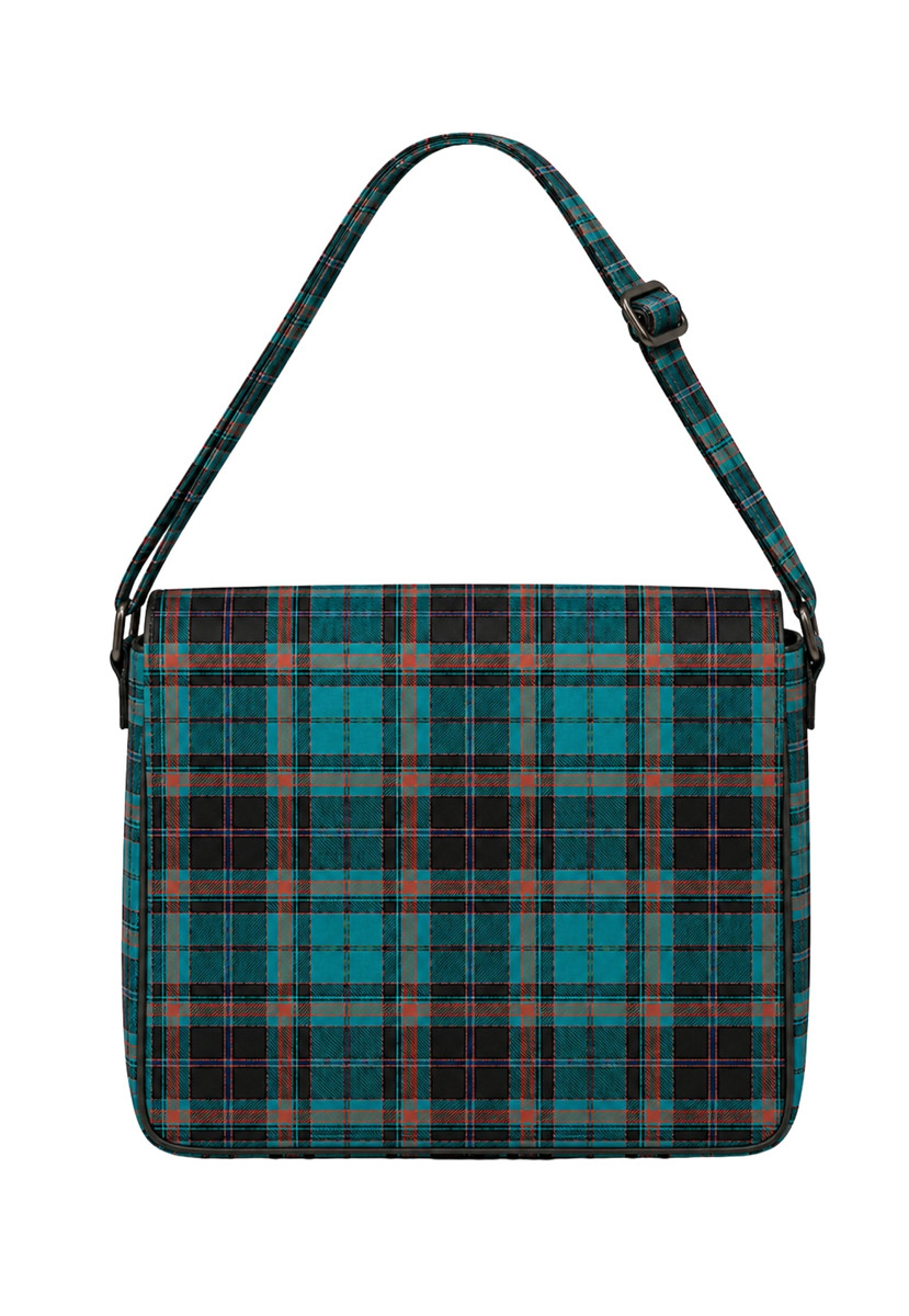 Messenger bag in teal and black tartan with adjustable shoulder strap, front view