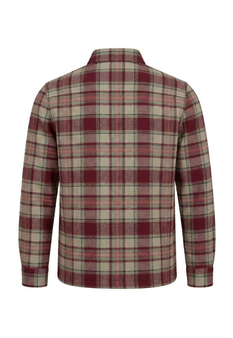 Burgundy and beige check brushed cotton flannel shacket, back view