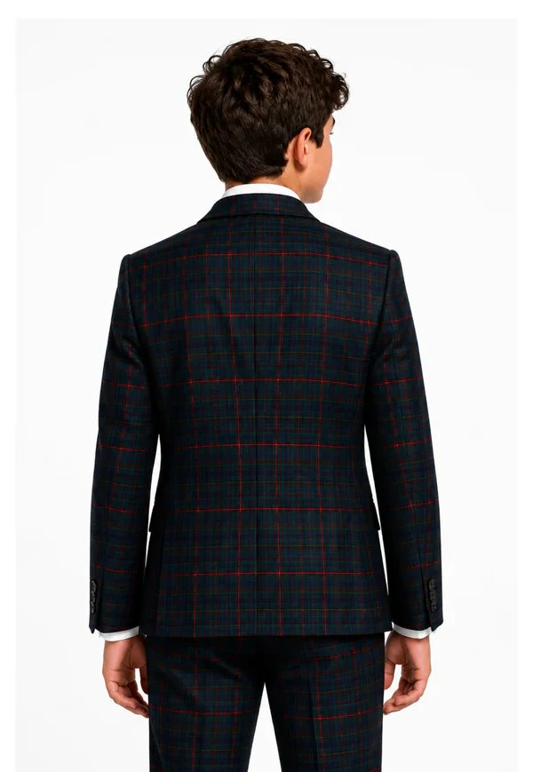 Boy's tartan jacket in dark navy with faint red lines, back view