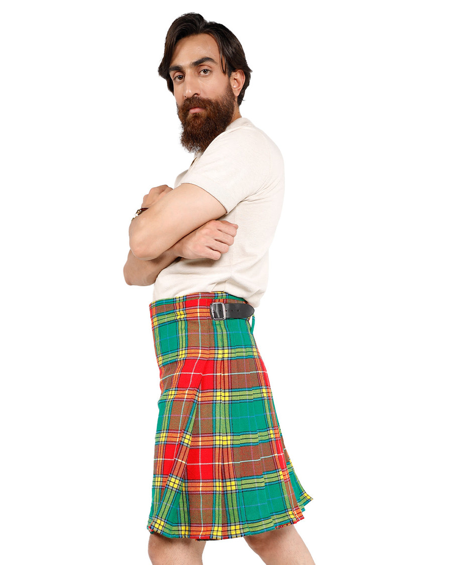Side view of man in Buchanan of Leny kilt in green, red and yellow