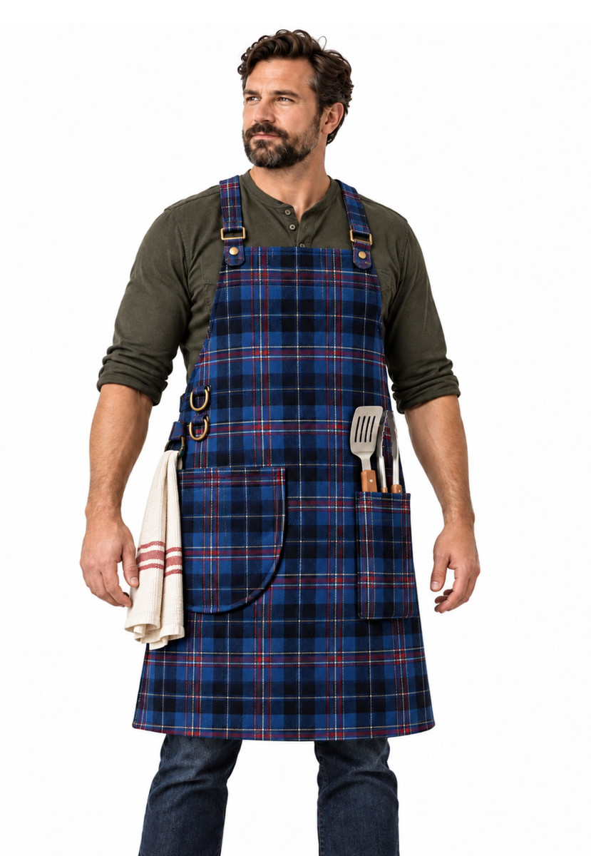 Man wearing a grilling apron in blue and navy tartan with pockets and grill tools