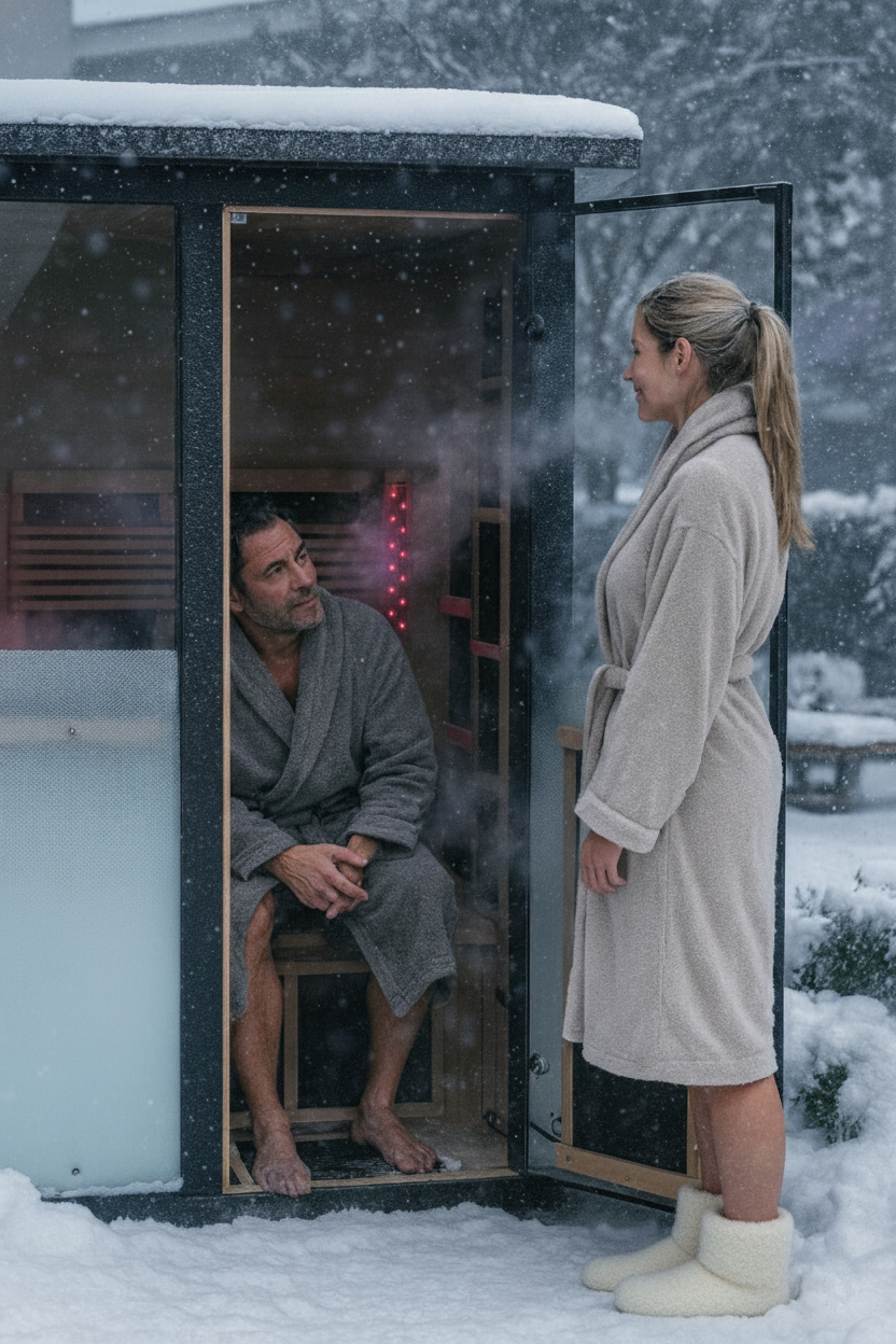 Sauna in snowy backyard
