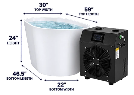 Arki Pro 2.0 tub and chiller with labeled tub dimensions