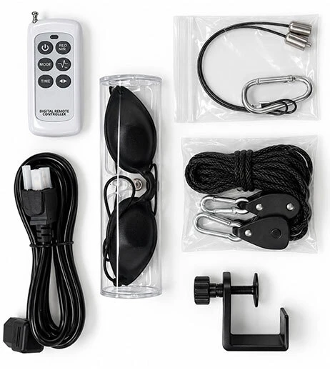 Remote control, protective goggles, power cable, and mounting accessories