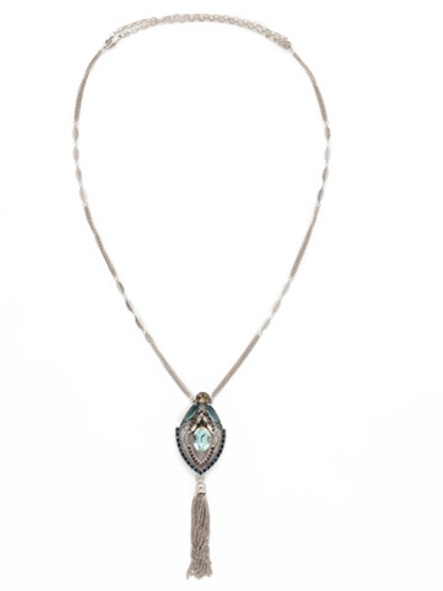 Sorrelli BLUE BROCADE- Boho Crystal Encrusted Tassel Pendant Necklace ~ NDB23ASBBR 