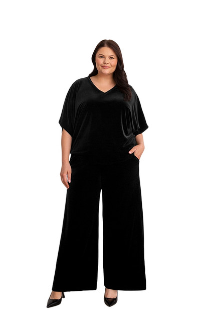 Savvy Velvet Wide Leg Trouser by Sympli~Plus Size-V3720G-Black-Full Front View