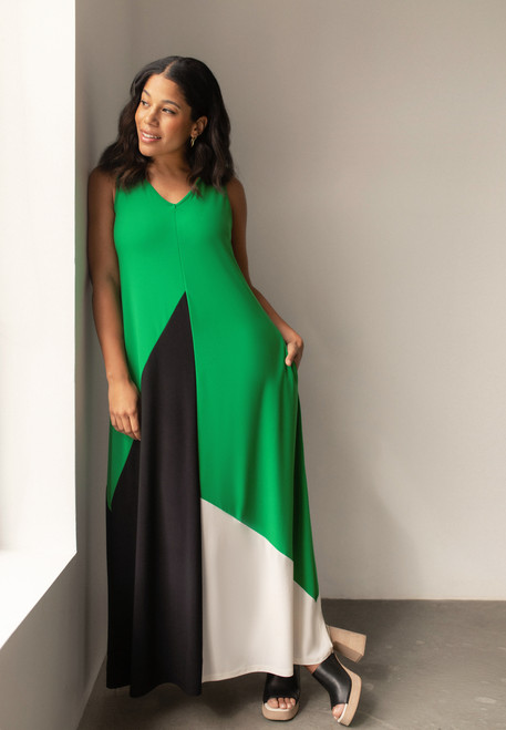 Colour Block Reversible Triangle Sleeveless Dress by Sympli- 28152CB-Kelly Green/Black/Ivory-Front View|Adare's Boutique