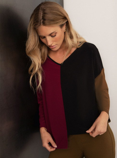 Colour Block Etch V Neck Top by Sympli~ 22288CB-3-Bloodstone/Black/Tobacco-Front View|Adare's Boutique