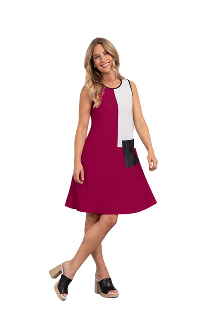 Colour Block Patch Pocket Sleeveless Dress by Sympli- 28151CB-Magenta/Ivory-Front View|Adare's Boutique